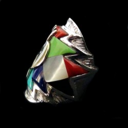 Anillo Kokopelli en plata de Ley con fondo multicolor Joyería nativa americana 