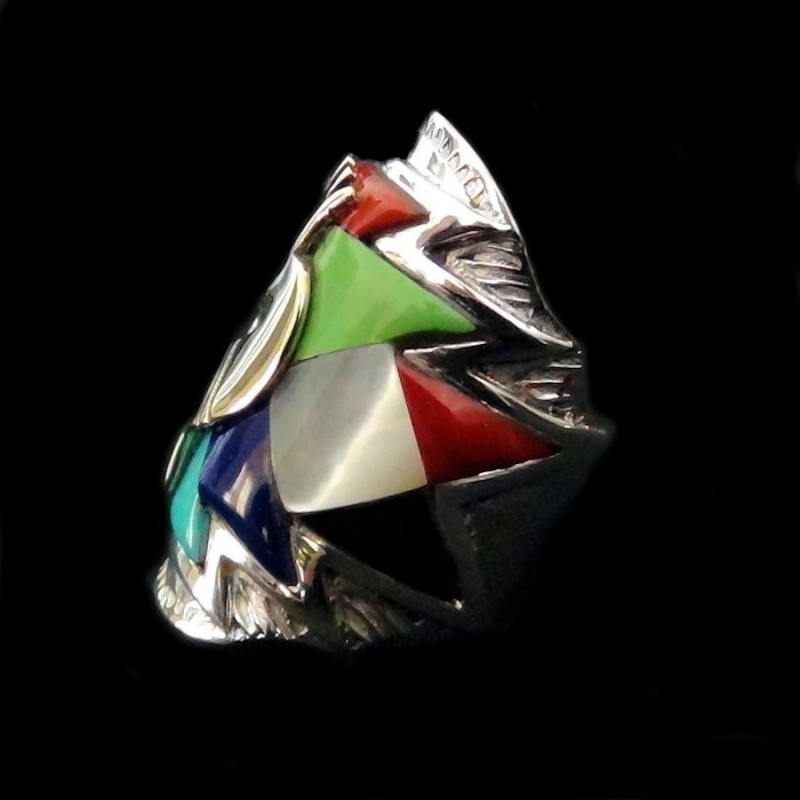 Bague Kokopelli en Argent 925 Fond Multicolore Bijou Amerindien