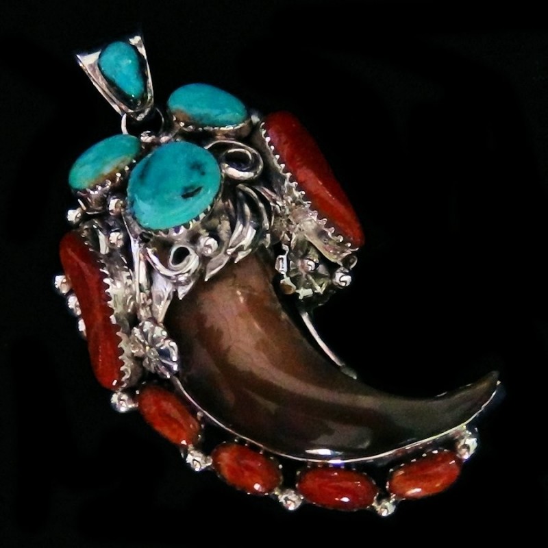 Pendentif Griffe d'Ours Véritable en Argent Turquoise & Corail