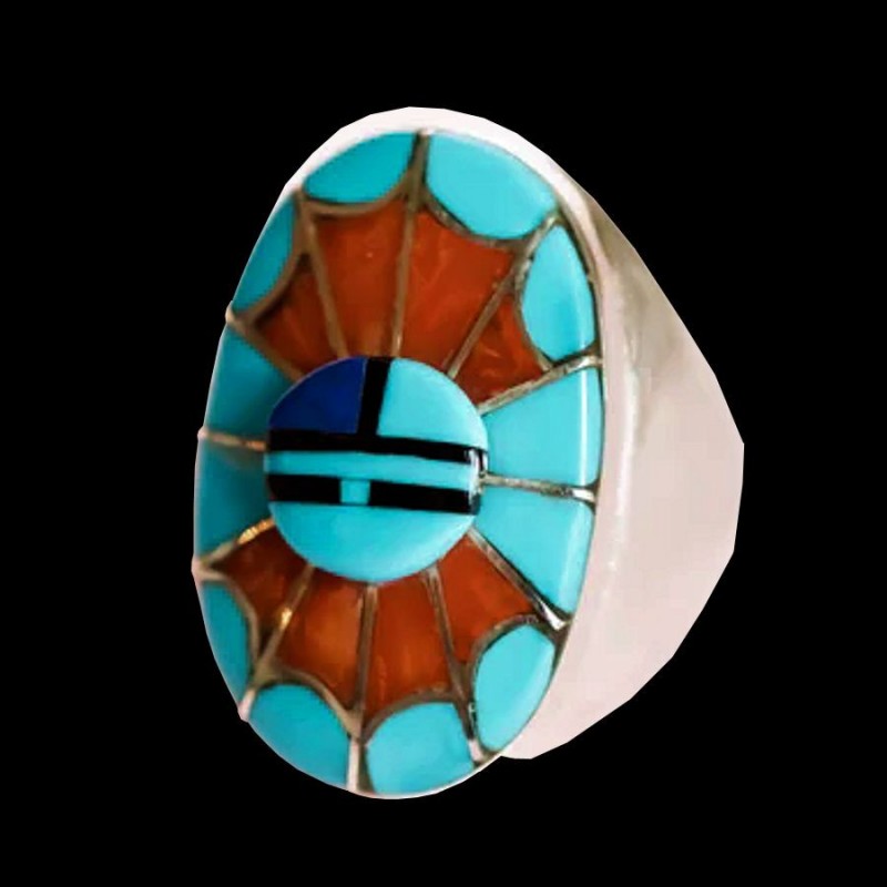 Ovaler Zuni Sonnengott Ring aus 925 Silber, Türkis und Koralle.