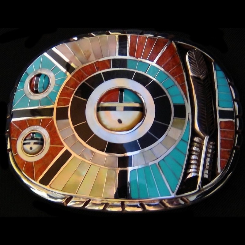 Fibbia per cintura in argento Zuni Sungod Face Nite Yei