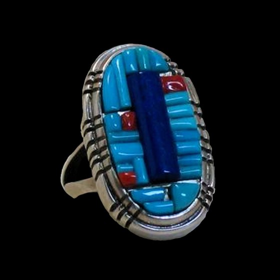 Anillo Navajo Overlay Turquesa, Lapislázuli y Coral