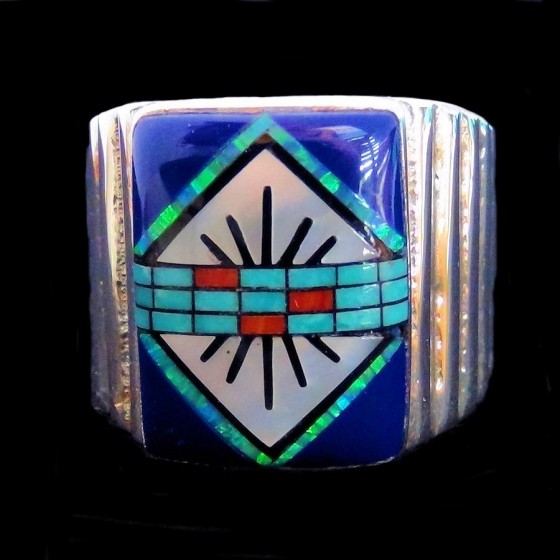 Siegelring aus Navajo-Lapislazuli, Türkis und Perlmutt
