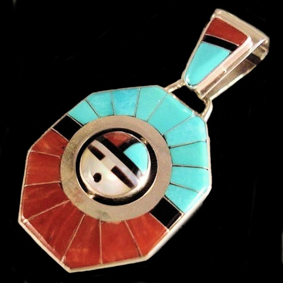 Dangling octagonal shaped pendant with geometric inlay designs of turquoise, coral, mother of pearl and jet