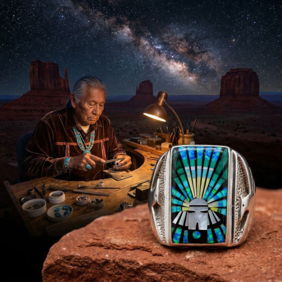 Zuni-Mikro-Inlay-Ring, Kashina, aus Silber und Edelsteinen