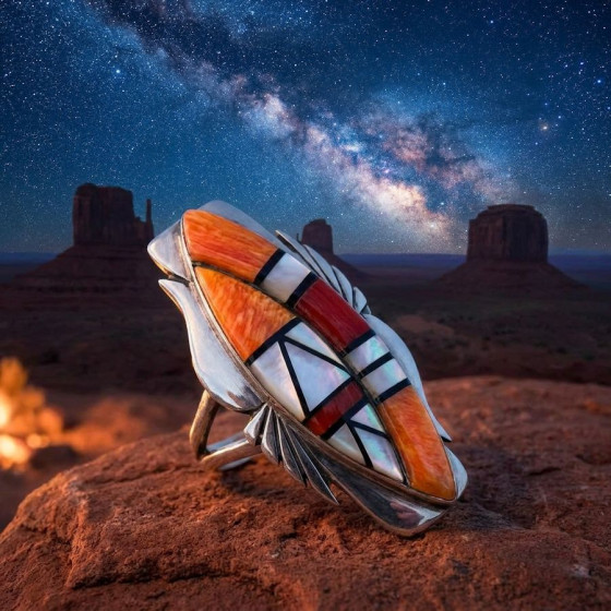 Anillo navajo Overlay con símbolo navajo para mujer