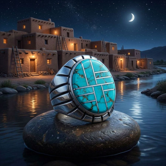 Men's Oval Zuni Ring, Channel Inlay, Choice of Semi-Precious Stone Color