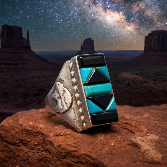 Rechthoekige Navajo-ring met onyx en turkoois