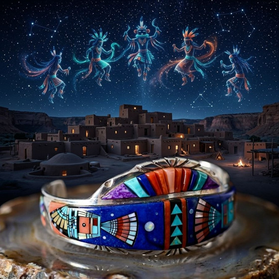 Bracelet Zuni Kachina, Mosaïque Overlay