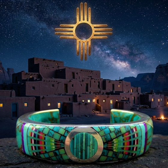 Turkoois mozaïek Zuni Native American armband in 925 zilver
