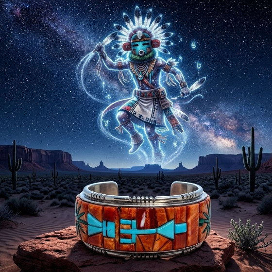 Navajo Kachina, Overlay, Spiny Oyster Shell and Turquoise Bracelet