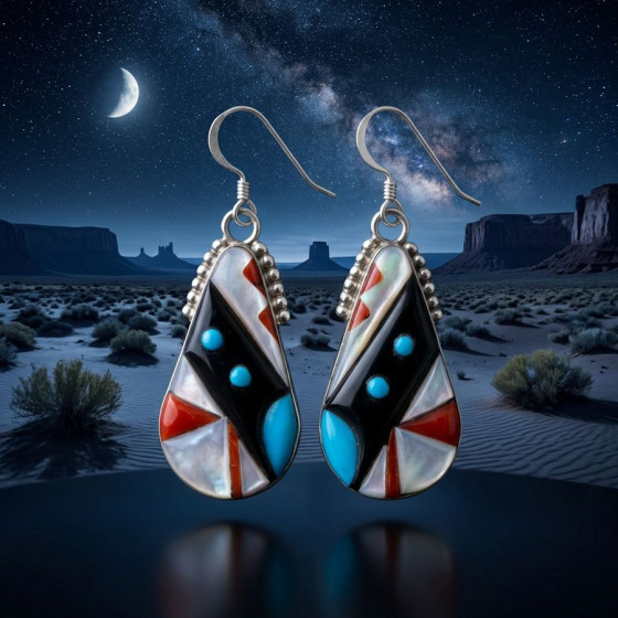 Boucles d'oreilles Amérindiennes Teardrop, Stone-to-Stone Inlay
