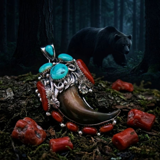 Native American Bear Claw Pendant in Silver, Turquoise, and Coral