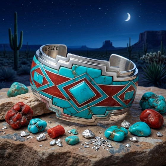 Navajo-Armband aus Silber, Türkis und roter Koralle