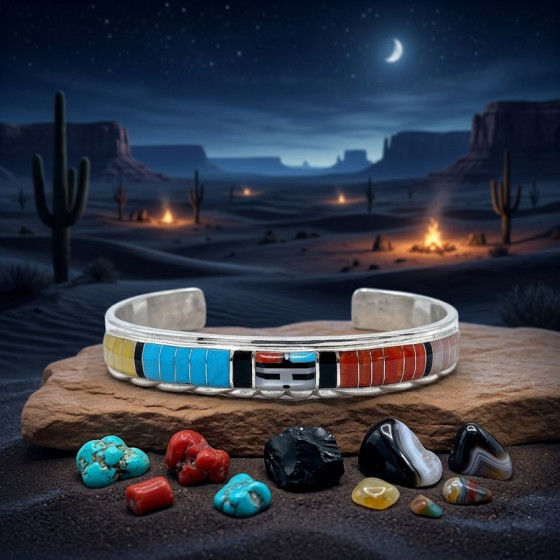 Zuni Sun God Silver Bracelet, Channel Inlay