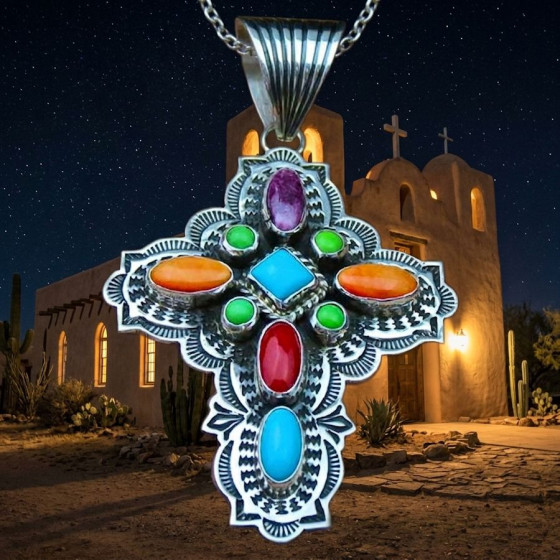 Navajo Kreuz Silber Anhänger mit Edelsteinen