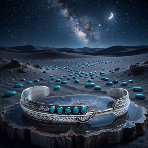 Bracelet Navajo Plume avec 5 Cabochons, Pierre Semi-Précieuse, Couleur au Choix