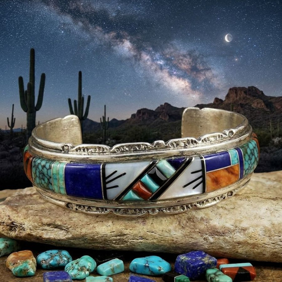 Zuni Herrenarmband aus mehrfarbigem Silber