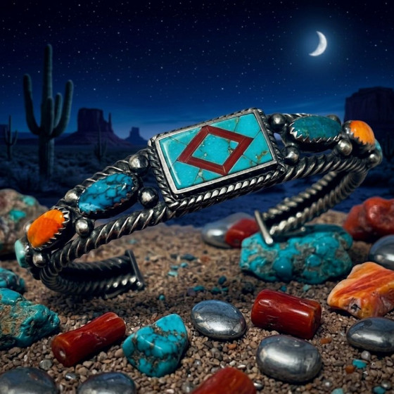 Bracelet Amérindien Symbole Navajo et Cabochons de Pierres Semi Précieuses