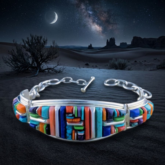 Navajo-Silberarmband mit beweglichen Gliedern und mehrfarbiger Cobblestone-Einlage