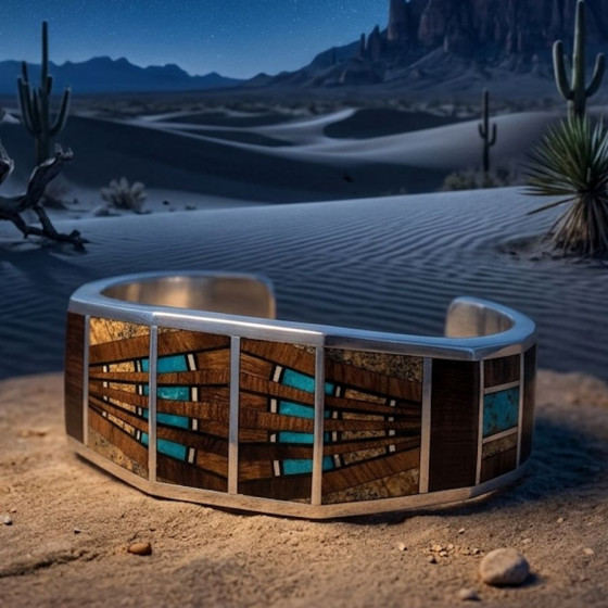 Native American Silver Bracelet with Navajo, Ironwood, and Brown Jasper Motif
