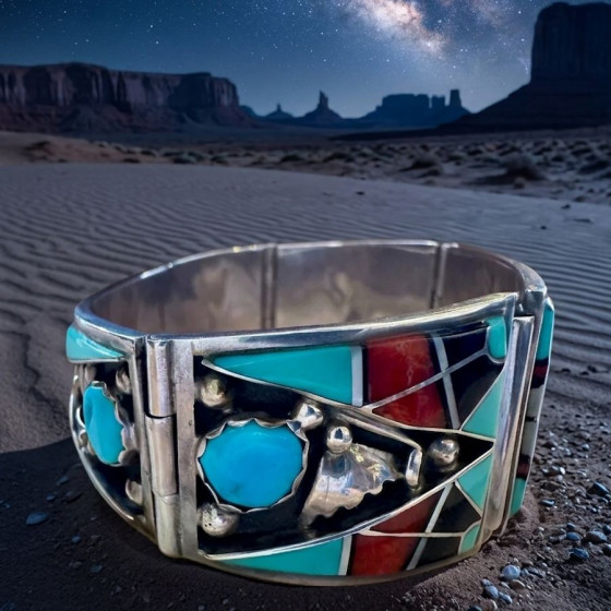 Navajo armband met gelede schakels in zilver, turkoois en koraal