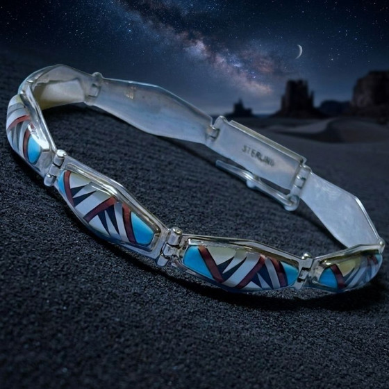 Indiaanse schakelarmband, beweegbaar, in zilver, turkoois, koraal en parelmoer