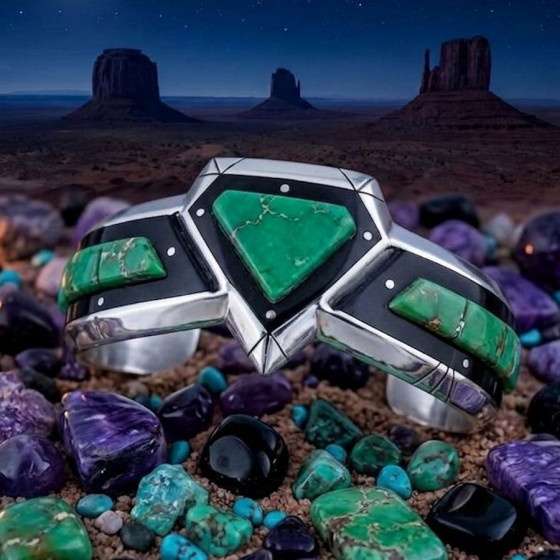 Navajo-Silberarmband mit Halb-Rhombus aus Halbedelstein, Farbe wählbar