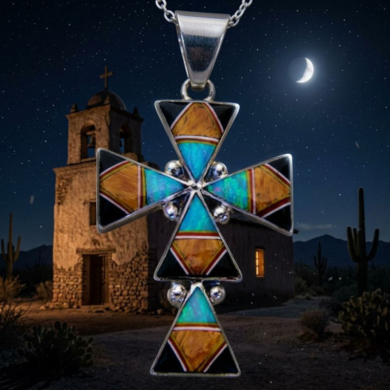 Pendentif Croix Navajo, Spondylus, Opale, Jeais Noir