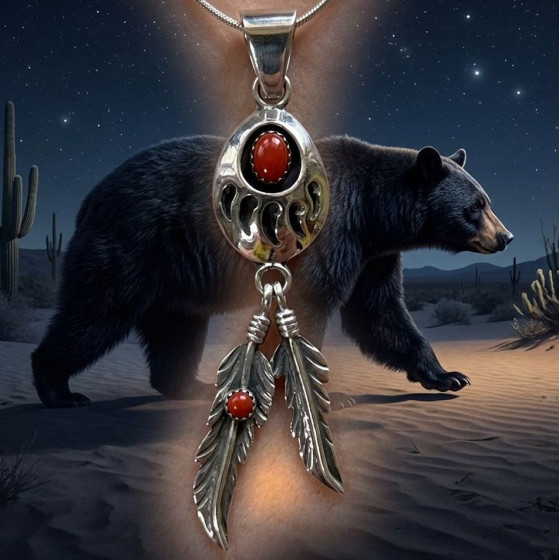 Pendentif Amerindien en Argent Patte d'Ours et Plumes en Argent