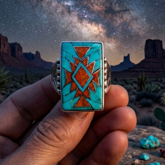 Turkoois & Koraal Rechthoekige Zilveren Navajo Ring Voor Heren