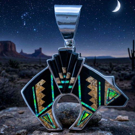 Navajo-Anhänger mit heiligem Bärenmotiv aus Silber und Intarsien