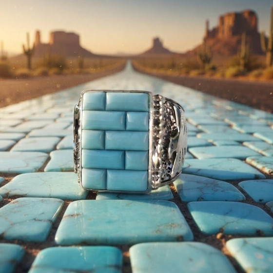 Siegelring aus 925er Silber – Mosaik im „Cobblestone“-Stil und Thunderbird (Modell 8)