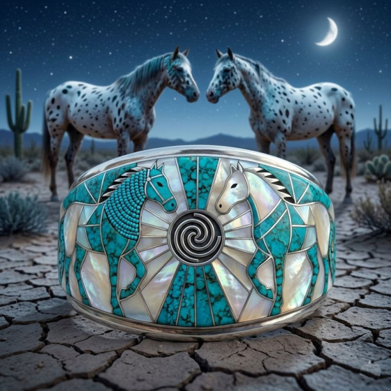 Bracelet Chevaux en Argent, Turquoise et Nacre