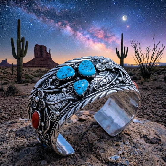 Bracelet Navajo en Argent Massif, Turquoises et Corail