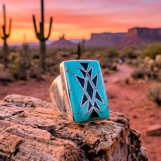 Bague Navajo Argent Rectangulaire Turquoise & Onyx