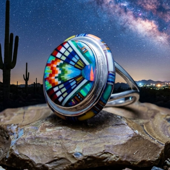 Indiaanse damesring, Zuni-mozaïek, van 925 sterlingzilver met edelstenen