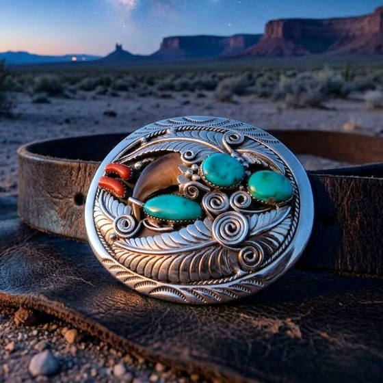 Boucle de Ceinture en Argent Griffe d'Ours Turquoises et Corail