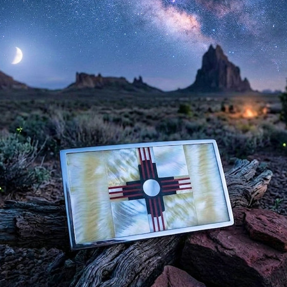 Boucle de Ceinture Symbole Navajo en Nacre et Argent