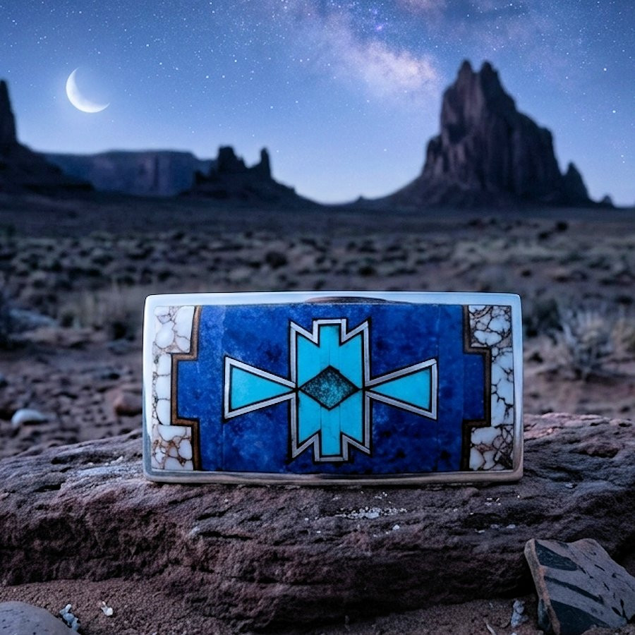 Boucle de Ceinture Rectangulaire Motif Navajo Turquoise et Lapis Lazuli en Argent