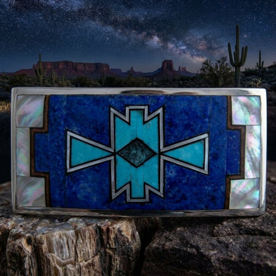 Rechteckige Gürtelschnalle aus Silber mit Navajo-Motiv aus Türkis und Lapislazuli