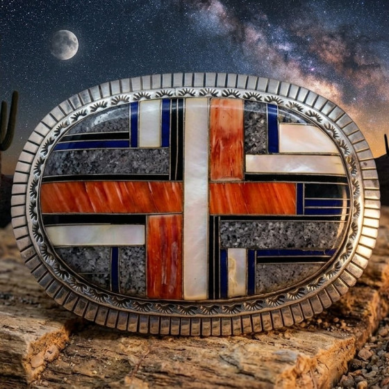 Boucle de Ceinture en Argent Navajo  Channel Inlay  Snake Stone Spondylus et Onyx