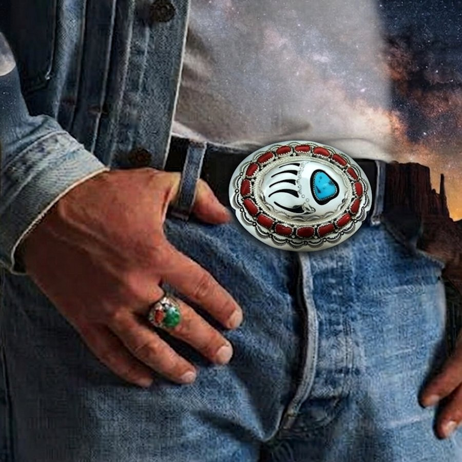 Red Coral Cabs Bearpaw Sterlingsilver Beltbuckle