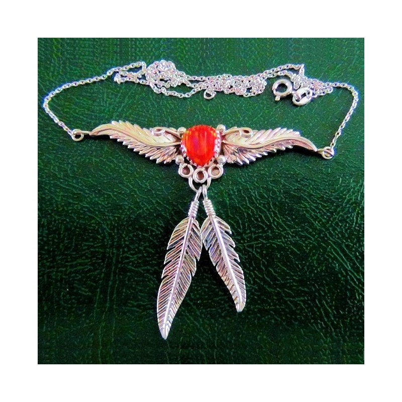COLLIER ARGENT PLUMES ET OPALE