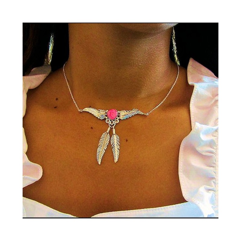 COLLIER ARGENT PLUMES ET OPALE