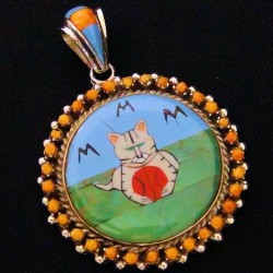 INLAID STONE CAT STERLING SILVER