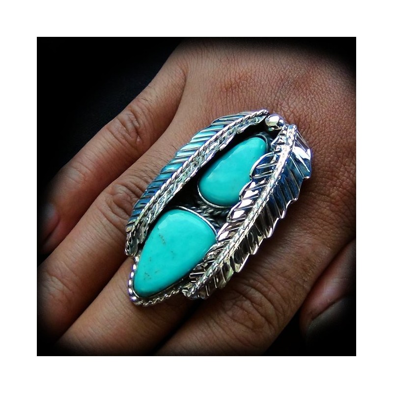 BAGUE NAVAJO PLUMES ET TURQUOISES