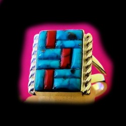 TURQUOISE AND CORAL SILVER RING