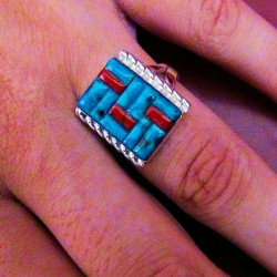 BAGUE ARGENT TURQUOISE ET CORAIL