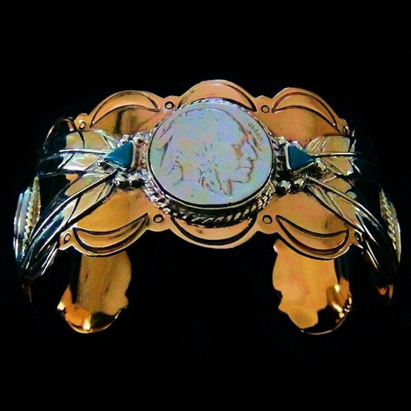 BRACELET BISON ET GUERRIER INDIEN CUIVRE ET ARGENT